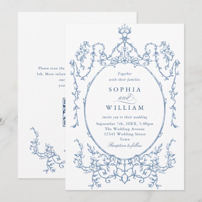 Invitación Boda azul oxidado y floral de Grace (Anverso / Reverso)
