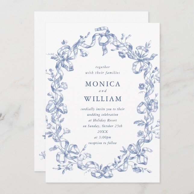 Invitación Boda azul oxidado y floral de Grace (Anverso / Reverso)