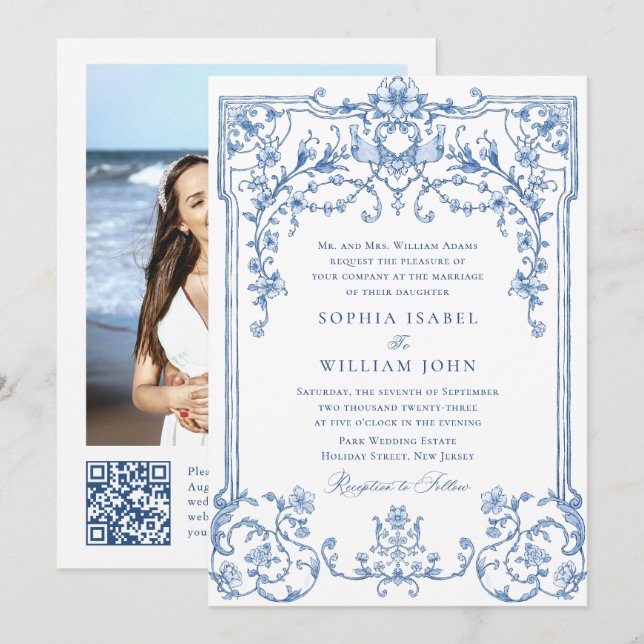 Invitación Boda azul oxidado y floral de Grace (Anverso / Reverso)