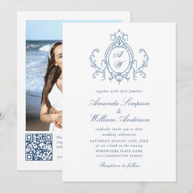 Invitación Boda azul oxidado y floral de Grace (Anverso / Reverso)