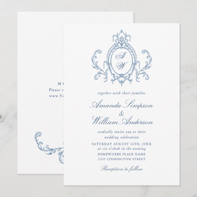 Invitación Boda azul oxidado y floral de Grace (Anverso / Reverso)