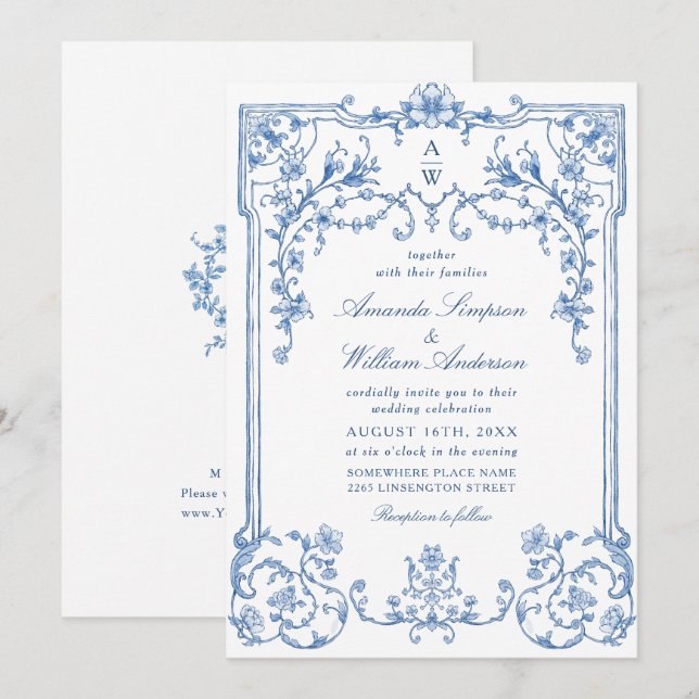 Invitación Boda azul oxidado y floral de Grace (Anverso / Reverso)