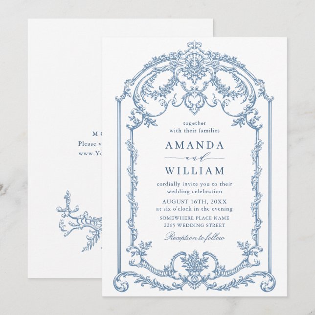 Invitación Boda azul oxidado y floral de Grace (Anverso / Reverso)