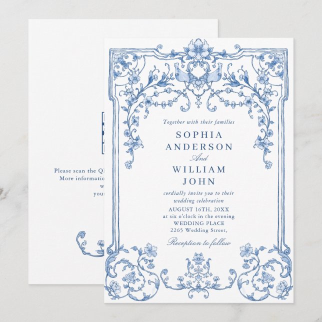 Invitación Boda azul oxidado y floral de Grace (Anverso / Reverso)