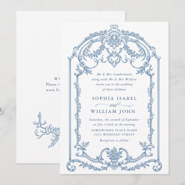 Invitación Boda azul oxidado y floral de Grace (Anverso / Reverso)