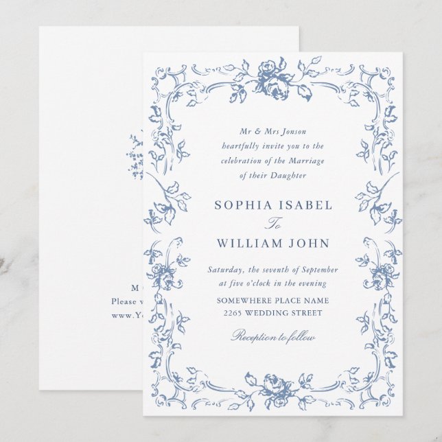 Invitación Boda azul oxidado y floral de Grace (Anverso / Reverso)
