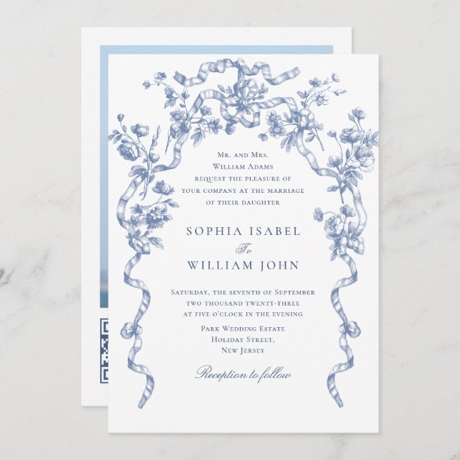 Invitación Boda azul oxidado y floral de Grace (Anverso / Reverso)