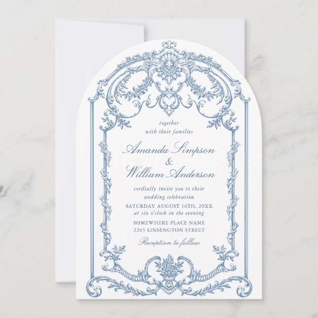 Invitación Boda azul oxidado y floral de Grace (Anverso)