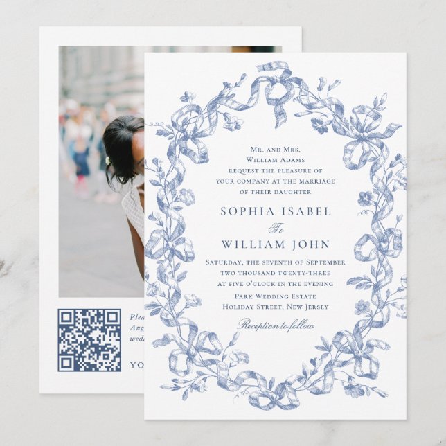 Invitación Boda azul oxidado y floral de Grace (Anverso / Reverso)