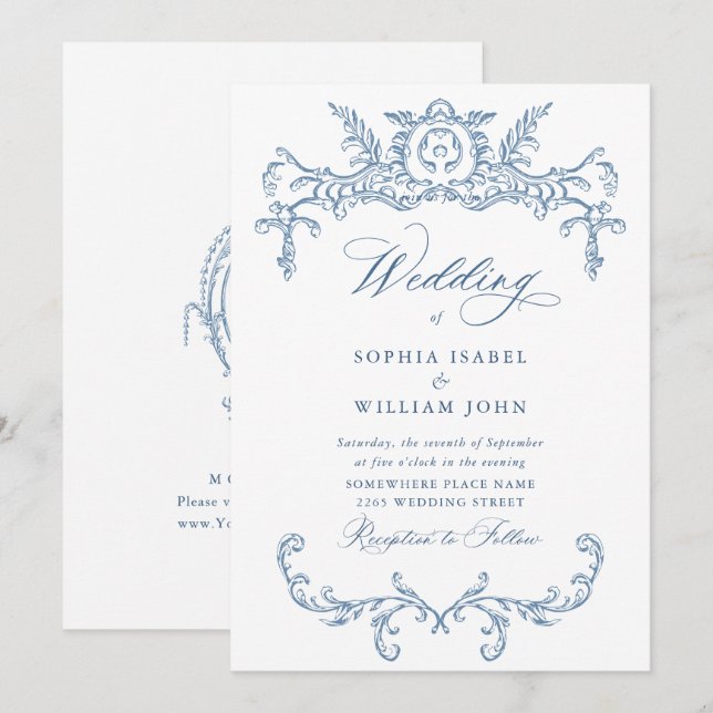 Invitación Boda azul oxidado y floral de Grace (Anverso / Reverso)