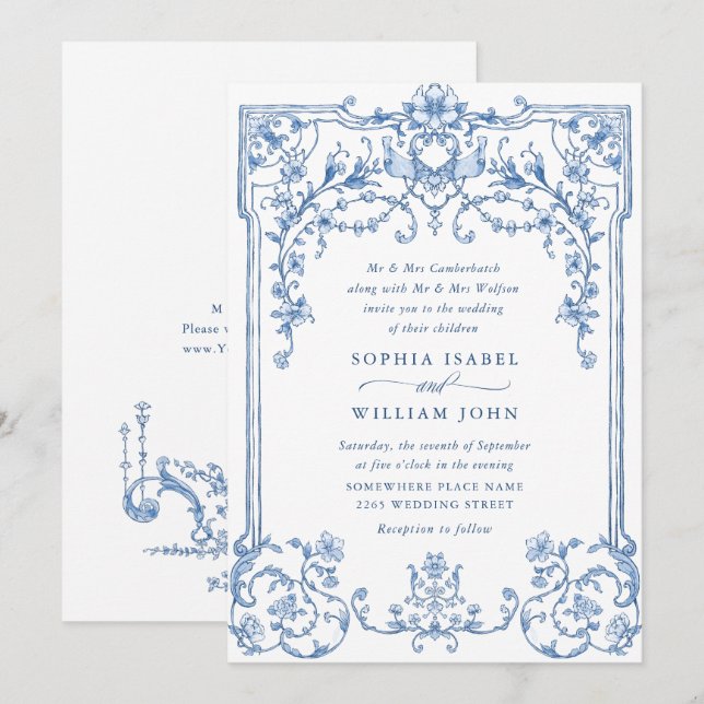 Invitación Boda azul oxidado y floral de Grace (Anverso / Reverso)