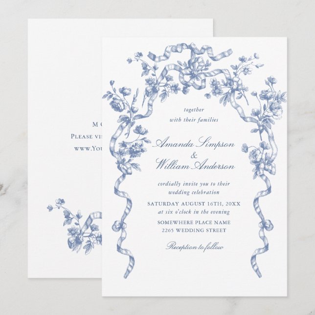 Invitación Boda azul oxidado y floral de Grace (Anverso / Reverso)