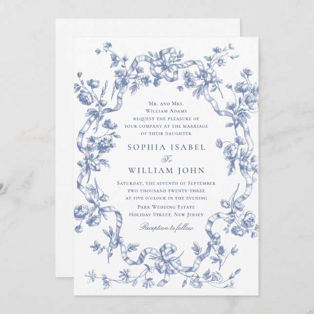 Invitación Boda azul oxidado y floral de Grace (Anverso / Reverso)