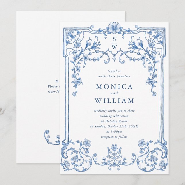 Invitación Boda azul oxidado y floral de Grace (Anverso / Reverso)