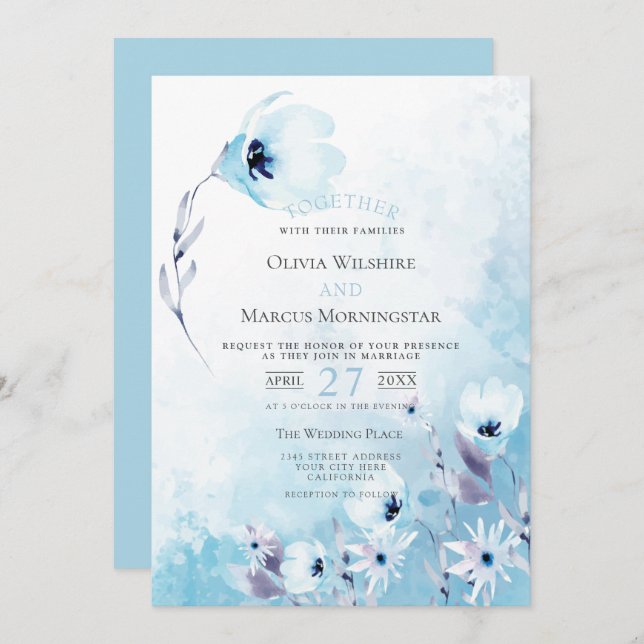 Invitación Boda | Azul pálido de color azul Anemone Garden (Anverso / Reverso)