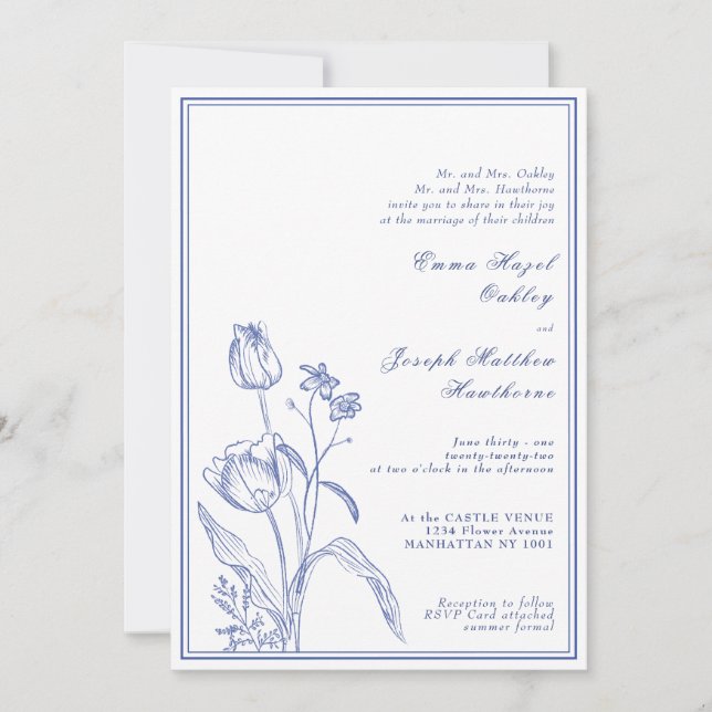 Invitación Boda azul pastel de Regencia Botánica (Anverso)