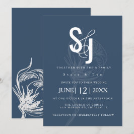 Invitación Boda Azul Planta de Algodón Botánico
