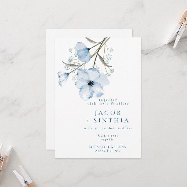 Invitación Boda Azul Polvoriento Chic Elegante Moderno (Anverso/Reverso In Situ)