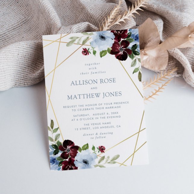 Invitación boda azul polvoriento con flores geométricas (Subido por el creador)