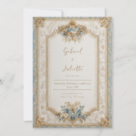 Invitación Boda Azul Polvoriento de Brocado Dorado Victoriano