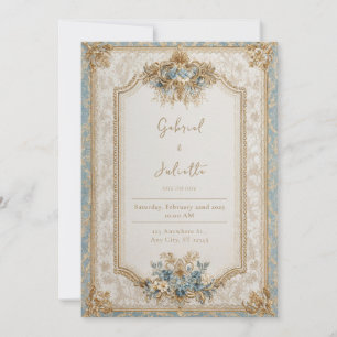 Invitación Boda Azul Polvoriento de Brocado Dorado Victoriano