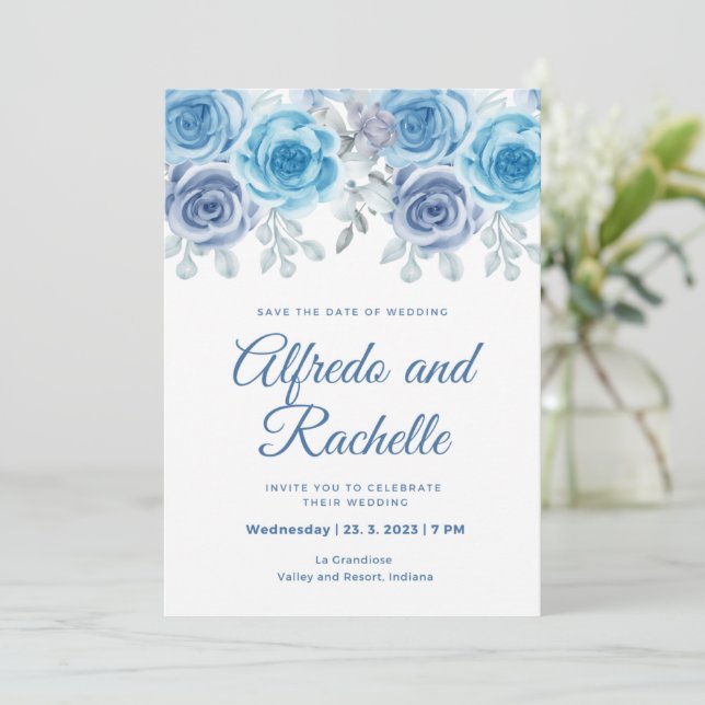 Invitación boda azul polvoriento peony rosa invitado boda flo (Anverso de pie)