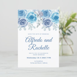 Invitación boda azul polvoriento peony rosa invitado boda flo