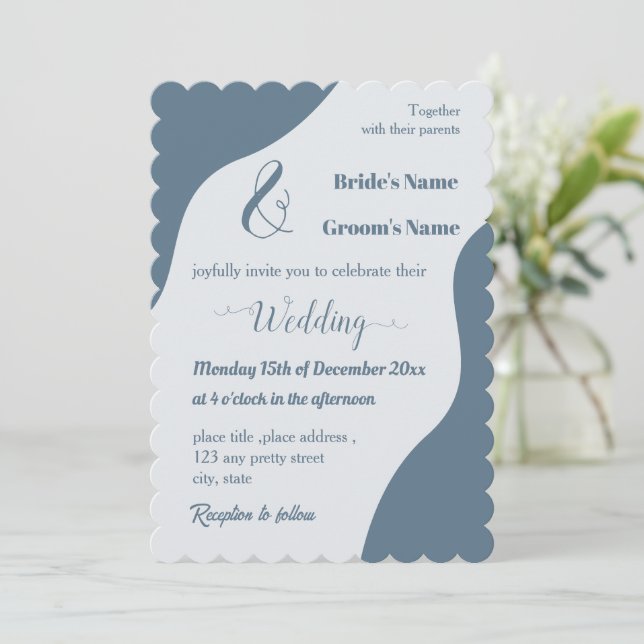 Invitación Boda azul polvoriento romántico y elegante (Anverso de pie)