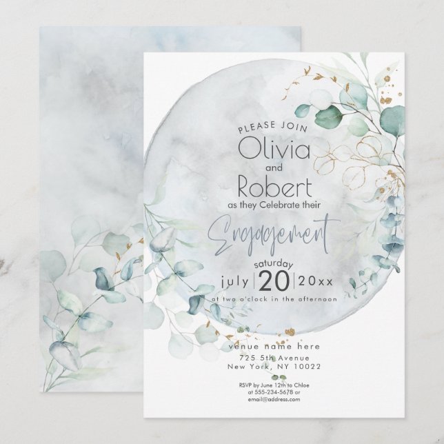 Invitación Boda | Azul polvoriento sobre la luna enamorada (Anverso / Reverso)