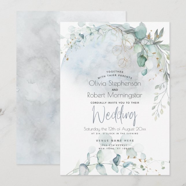 Invitación Boda | Azul polvoriento sobre la luna enamorada (Anverso / Reverso)