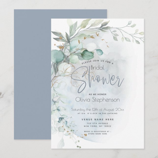 Invitación Boda | Azul polvoriento sobre la luna enamorada (Anverso / Reverso)
