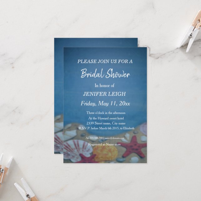 Invitación Boda azul profundo de playa ducha de novia (Anverso/Reverso In Situ)