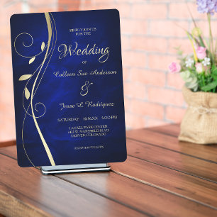 Invitación Boda azul profundo de Swirl Leaf Gold