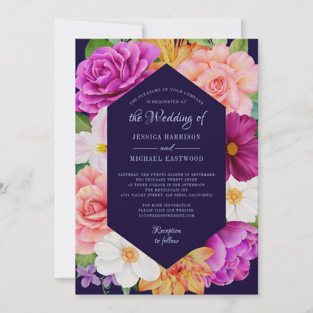 Invitación Boda azul profundo rosa púrpura bucal  (Anverso)