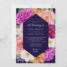 Invitación Boda azul profundo rosa púrpura bucal