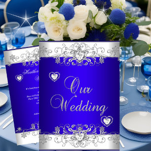 Invitación Boda azul real Corazones de diamantes blancos plat
