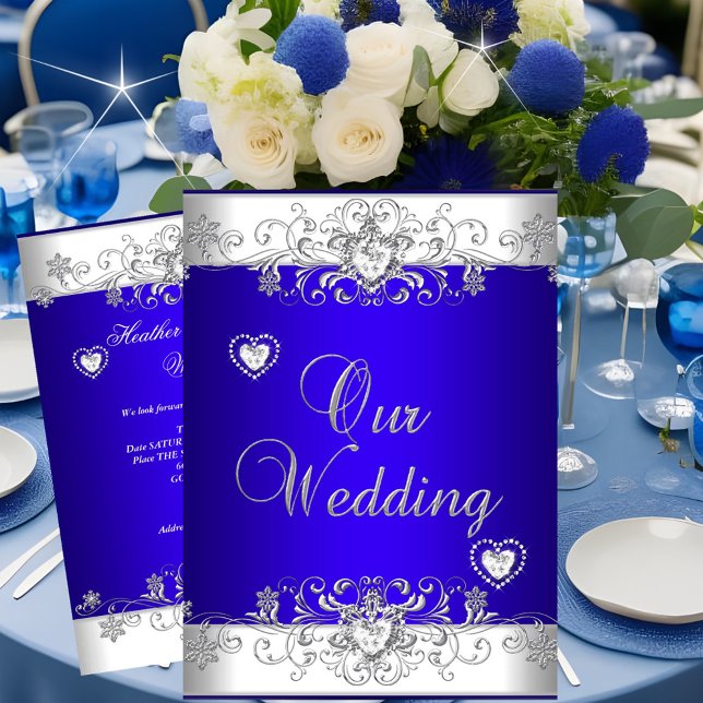 Invitación Boda azul real Corazones de diamantes blancos plat (Subido por el creador)