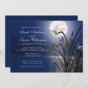 Invitación Boda azul real Estanque de libélula de la luna lle