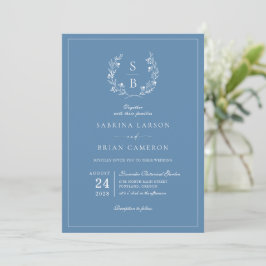 Invitación Boda azul real monograma botánico