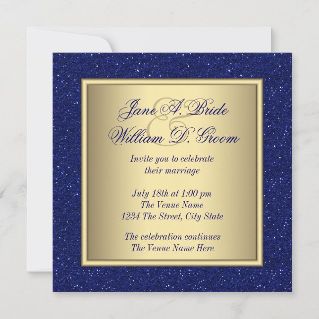 Invitación Boda Azul Real y Dorado (Anverso)