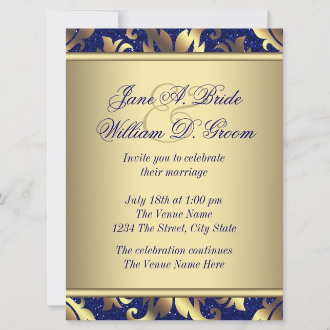 Invitación Boda Azul Real y Dorado (Anverso)