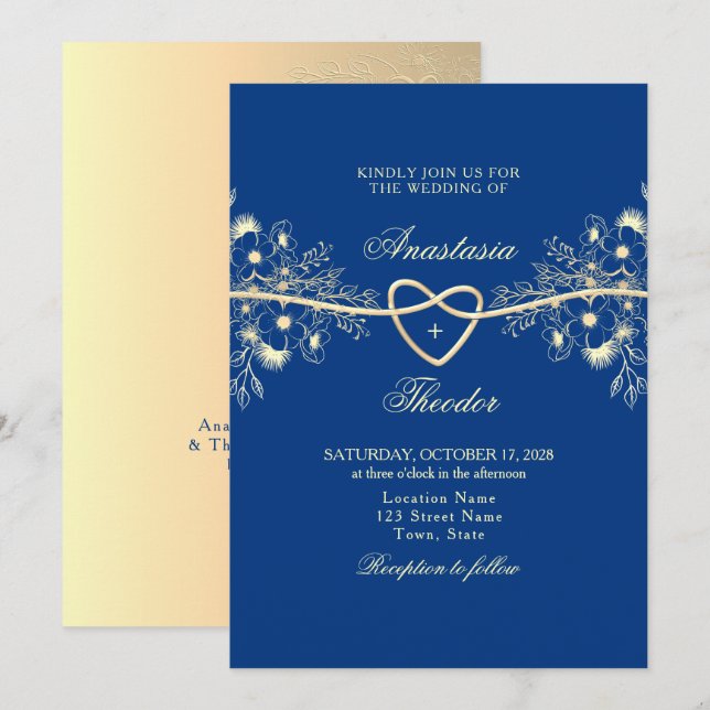 Invitación Boda Azul Real y Dorado (Anverso / Reverso)