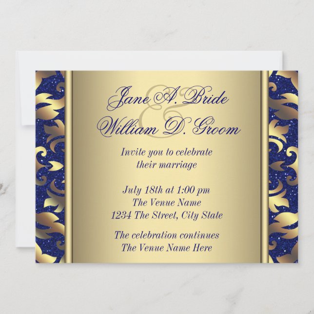 Invitación Boda Azul Real y Dorado (Anverso)