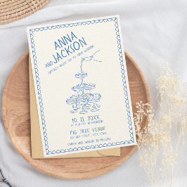 Invitación Boda azul retro vintage ilustrado a mano