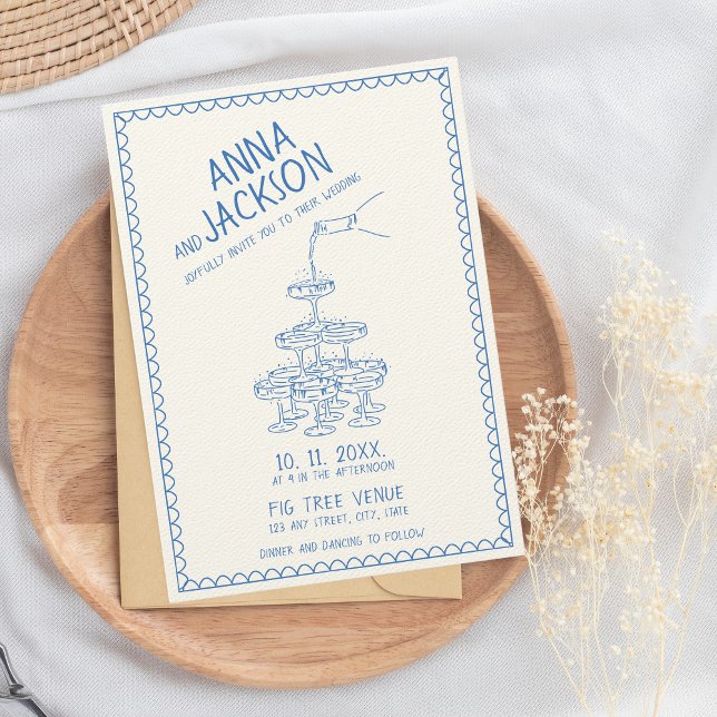 Invitación Boda azul retro vintage ilustrado a mano (Blue Champagne Tower Scribble Hand-written Wedding Invitation)