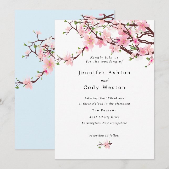 Invitación Boda azul rosa pálido en flor de cerezo primavera (Anverso / Reverso)