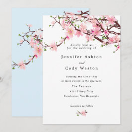 Invitación Boda azul rosa pálido en flor de cerezo primavera