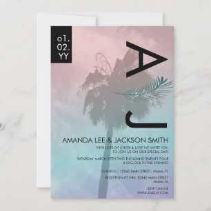 Invitación Boda Azul Rosa Realista De Árbol De Palma Tropical