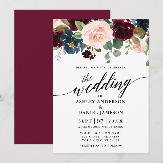 Invitación Boda azul rosado con caligrafía floral borgoña (Anverso / Reverso)