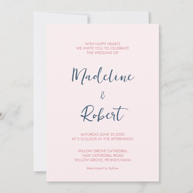 Invitación Boda azul rosado de escritura Minimalista moderna (Anverso)